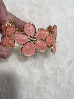 Stainless Steel  Gold-Tone Pink Floral Cuff Bracelet